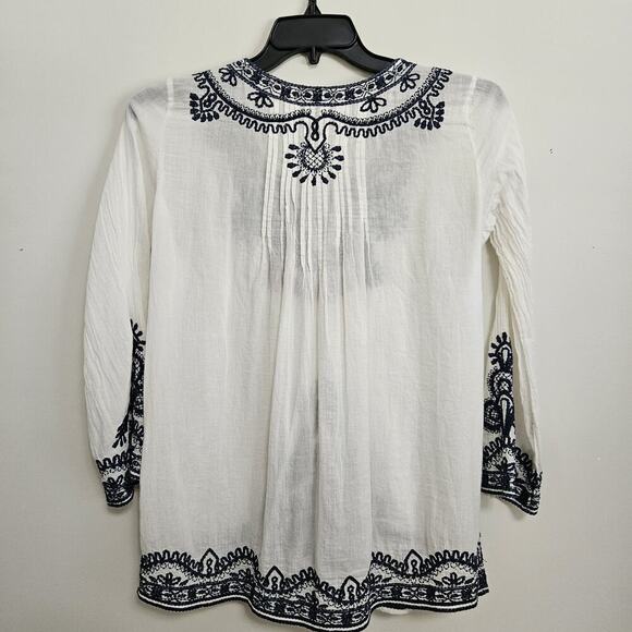 Max Edition Boho Peasant Style Blouse S Ivory Blue Embroidery Lg Beaded Pom Tie - Picture 4 of 11